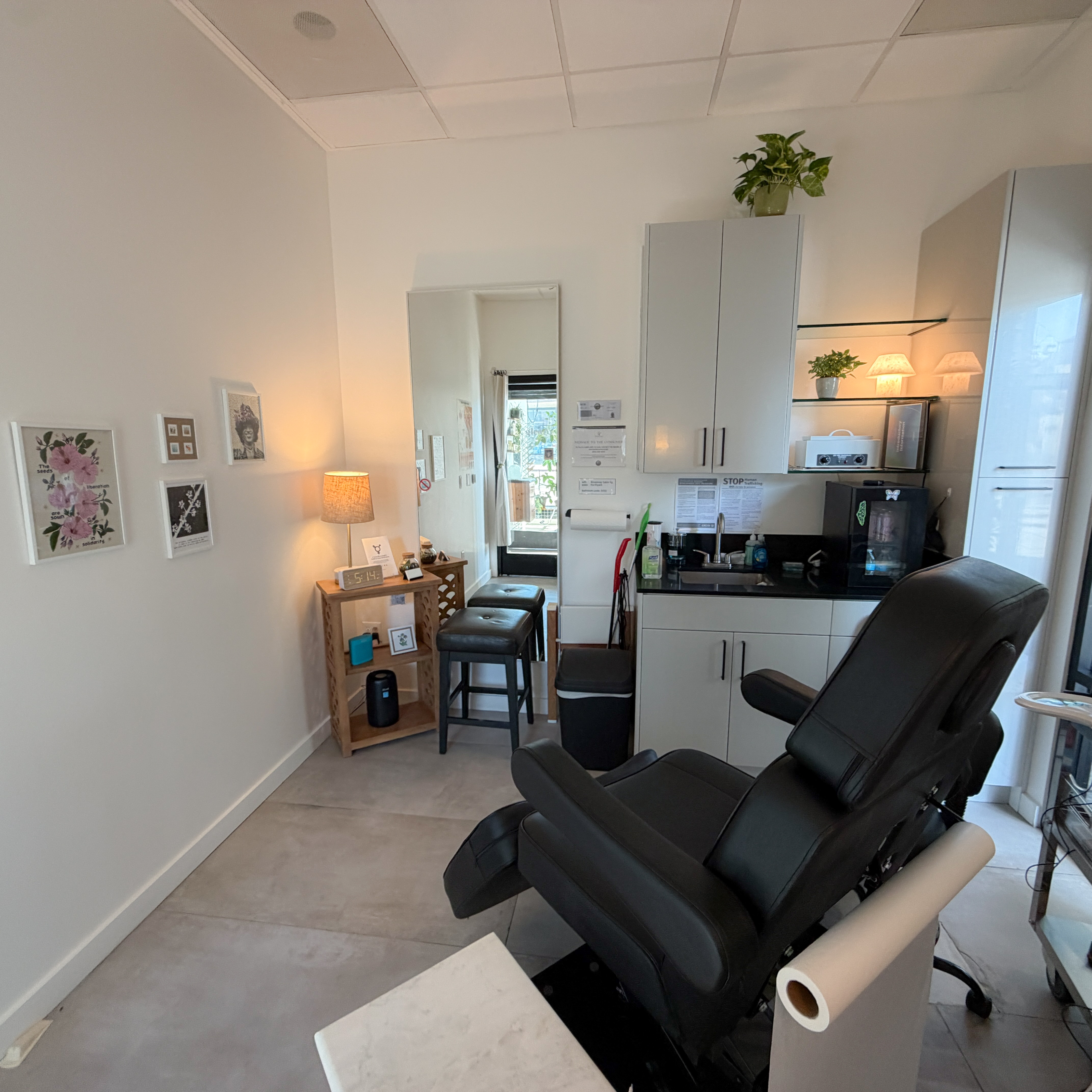Studio interior with warm lighting and decor